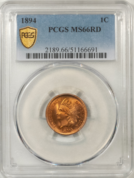 Indian 1894 INDIAN CENT – PCGS MS-66 RD, BLAZING ORANGE-RED, UNBELIEVALBE LUSTER!