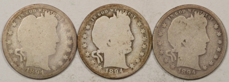 Barber Quarters 1894 1894-O 1894-S BARBER QUARTERS, LOT/3 – CIRCULATED, 1894-P VERY LOW GRADE!