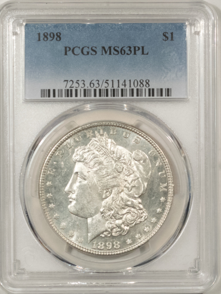 Morgan Dollars 1898 $1 MORGAN DOLLAR – PCGS MS-63 PL, MARK-FREE PROOFLIKE, PREMIUM QUALITY!