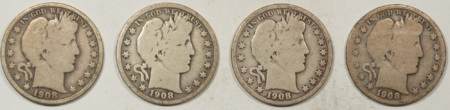 Barber Halves 1908 1908-D 1908-O 1908-S BARBER HALF DOLLARS LOT/4 PLEASING CIRCULATED EXAMPLES