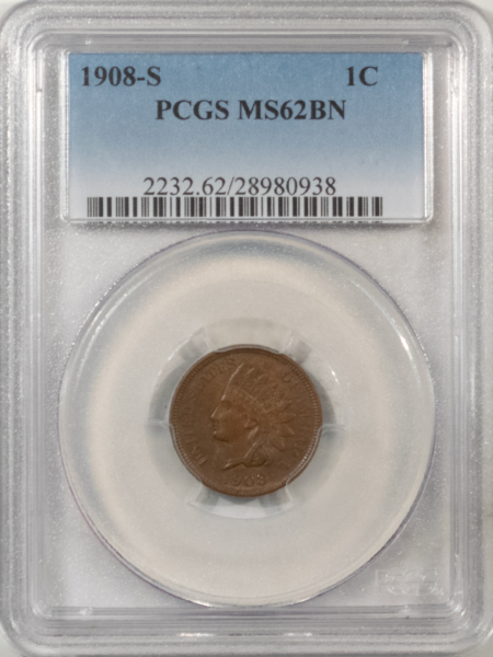Indian 1908-S INDIAN CENT – PCGS MS-62 BN, LOOKS 64 BROWN, PQ, KEY-DATE!