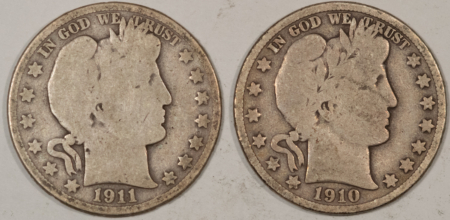 Barber Halves 1910-S, 1911 BARBER HALF DOLLARS, LOT OF 2 – CIRCULATED