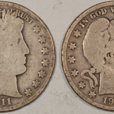Barber Halves 1910-S, 1911 BARBER HALF DOLLARS, LOT OF 2 – CIRCULATED