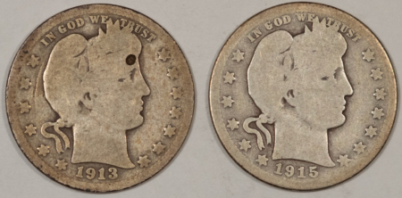 Barber Quarters 1913 1915-S BARBER QUARTERS, LOT/2 – CIRCULATED! BUT 1913 WITH OBVERSE MARK!