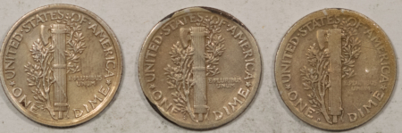 Mercury Dimes 1924 1924-D 1924-S MERCURY DIMES, LOT/3 – XF, F, VF DETAILS, EACH CLEANED!