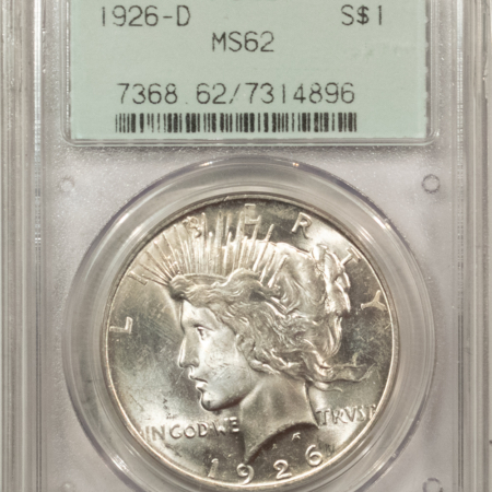 New Store Items 1926-D PEACE DOLLAR – PCGS MS-62, 2 PIECE OLD GREEN HOLDER, PREMIUM QUALITY!