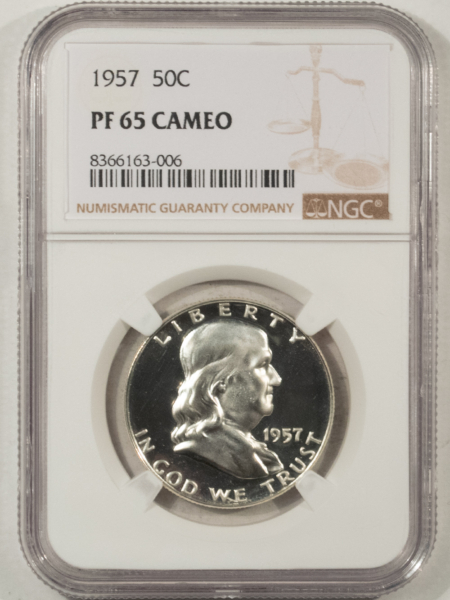 Franklin Halves 1957 PROOF FRANKLIN HALF DOLLAR – NGC PF-65 CAMEO, GEM, LOOKS DEEP!