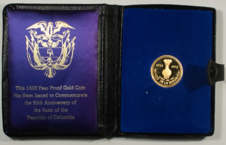 Bullion 1973 COLOMBIA, CENTRAL BANK OF BOGATA 1500 GOLD PESOS PROOF W/ OGP .5527 AGW