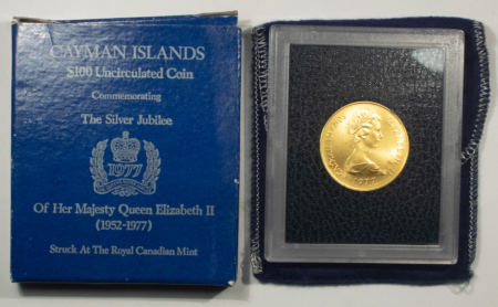 Bullion 1977 CAYMAN ISLANDS $100 GOLD QUEENS JUBILEE, KM#13 .3646 AGW IN OGP