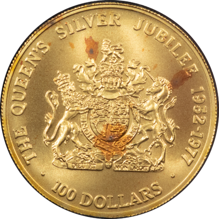 Bullion 1977 CAYMAN ISLANDS $100 GOLD QUEENS JUBILEE, KM#13 .3646 AGW IN OGP