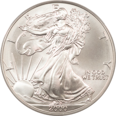 American Silver Eagles 2000 $1 AMERICAN SILVER EAGLE, 1 OZ .999 PCGS MS-70, GREAT LOOK, TINY WHITE SPOT