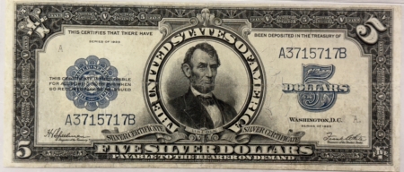Large Silver Certificates 1923 $5 SILVER CERTIFICATE, LINCOLN PORTHOLE, FR#282 PMG VF-25 MINOR RESTORATION