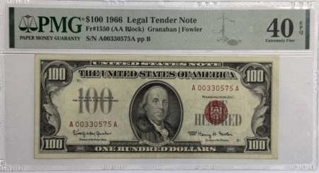 Legal Tender 1966 $100 U.S. LEGAL TENDER NOTE, RED SEAL, FR#1550 (AA BLOCK) – PMG EF 40 EPQ