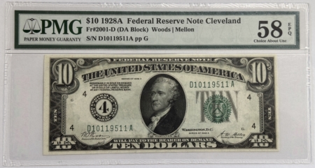 New Store Items 1928A $10 FEDERAL RESERVE NOTE 4-CLEVELAND FR#2001D DA BLOCK PMG CHOICE AU58 EPQ