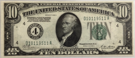 New Store Items 1928A $10 FEDERAL RESERVE NOTE 4-CLEVELAND FR#2001D DA BLOCK PMG CHOICE AU58 EPQ