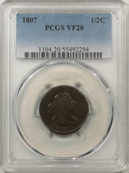 Draped Bust Half Cents 1807 DRAPED BUST HALF CENT – PCGS VF-20, NICE SMOOTH BROWN