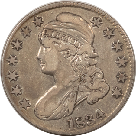 Early Halves 1834 CAPPED BUST HALF DOLLAR, LG DATE LG LETTERS, HIGH GRADE CIRC LIGHT CLEANING
