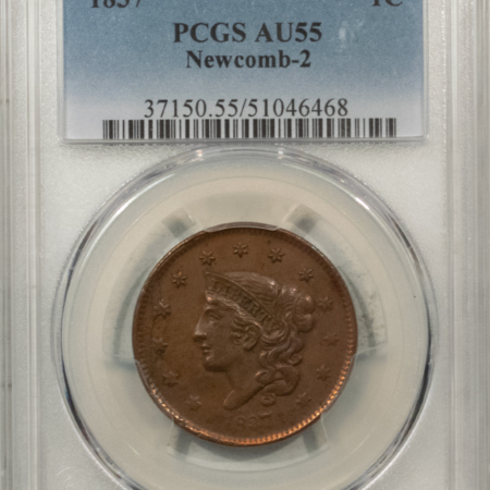 Coronet Head Large Cents 1837 CORONET HEAD LARGE CENT, NEWCOMB-2 – PCGS AU-55, A NEAT & SCARCE DIE STATE!