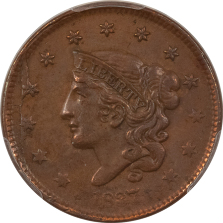 Coronet Head Large Cents 1837 CORONET HEAD LARGE CENT, NEWCOMB-2 – PCGS AU-55, A NEAT & SCARCE DIE STATE!