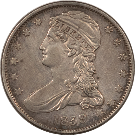 Early Halves 1839 CAPPED BUST HALF DOLLAR, LARGE LETTERS – VIRTUALLY UNC, BUT HARSHLY CLEANED