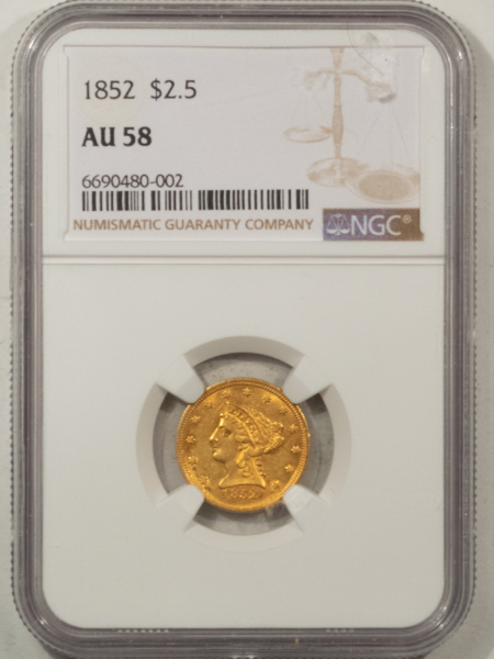 $2.50 1852 $2.50 LIBERTY GOLD, NGC AU-58, LUSTROUS W/ A  MINT STATE “LOOK”!