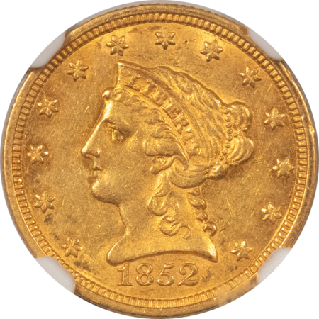 $2.50 1852 $2.50 LIBERTY GOLD, NGC AU-58, LUSTROUS W/ A  MINT STATE “LOOK”!