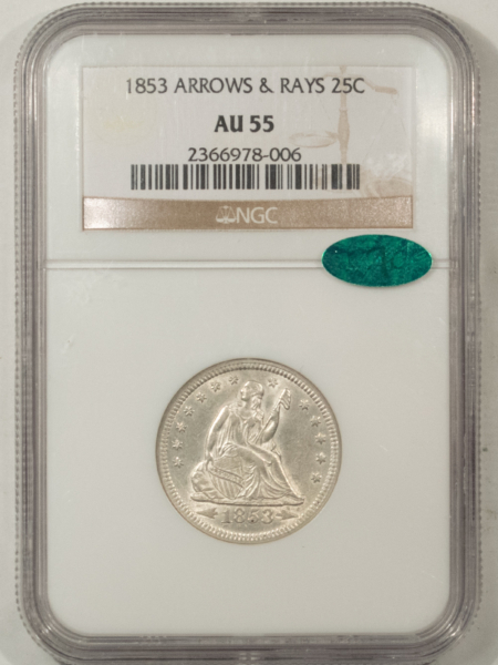 CAC Approved Coins 1853 SEATED LIBERTY QUARTER ARROWS & RAYS – NGC AU-55, BLAST WHITE, CAC APPROVED