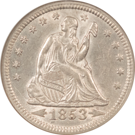 CAC Approved Coins 1853 SEATED LIBERTY QUARTER ARROWS & RAYS – NGC AU-55, BLAST WHITE, CAC APPROVED