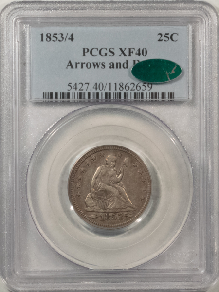 CAC Approved Coins 1853/4 SEATED LIBERTY QUARTER, ARROWS & RAYS – PCGS XF-40, ORIGINAL, PQ & CAC!