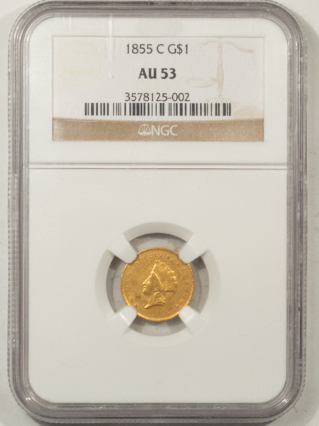 $1 1855-C TY 2 GOLD DOLLAR – NGC AU-53, RARE TYPE 2, CHARLOTTE GOLD! WELL STRUCK!