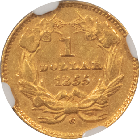 $1 1855-C TY 2 GOLD DOLLAR – NGC AU-53, RARE TYPE 2, CHARLOTTE GOLD! WELL STRUCK!