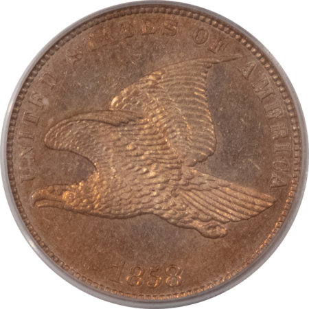 Flying Eagle 1858 FLYING EAGLE CENT, SMALL LETTERS, EAGLE EYE, S-9 – PCGS MS-62 LOOKS 63+ PQ!