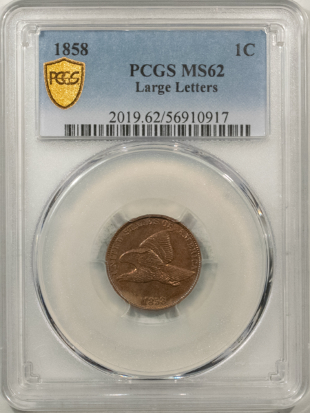 Flying Eagle 1858 FLYING EAGLE CENT, LARGE LETTERS – PCGS MS-62, ATTRACTIVE W/ CHOICE LOOK!
