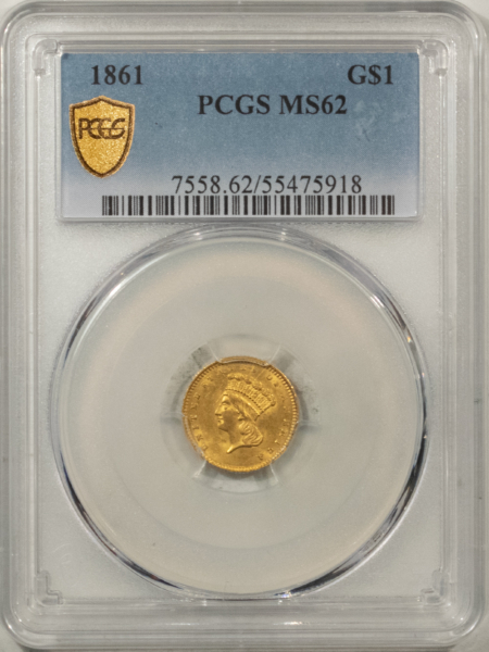 $1 1861 $1 GOLD DOLLAR – PCGS MS-62, POPULAR CIVIL WAR DATE!
