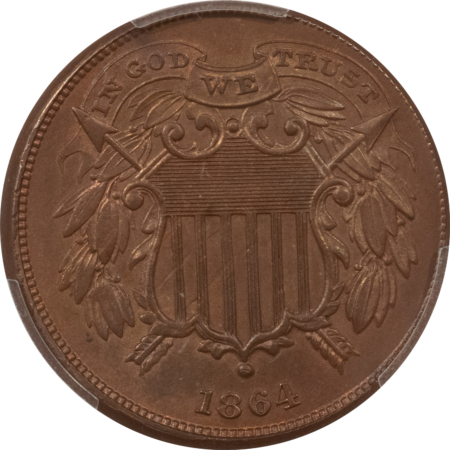 New Certified Coins 1864 TWO CENT PIECE, SMALL MOTTO – PCGS MS-62 BN, PRETY & PQ, LOOKS CHOICE!