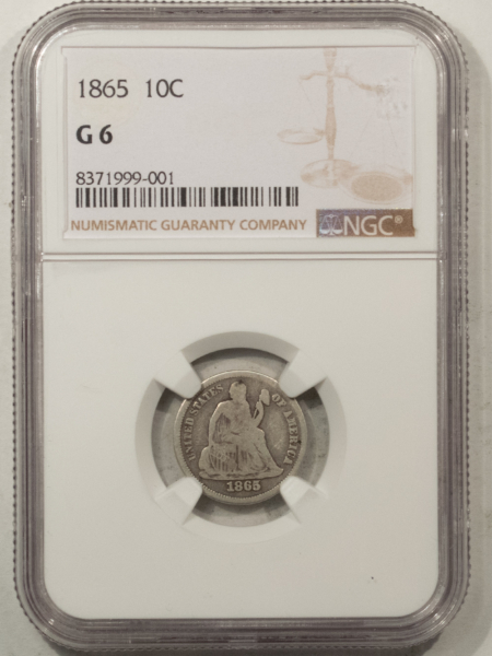 Liberty Seated Dimes 1865 SEATED LIBERTY DIME – NGC G-6, RARE, LOW MINTAGE CIVIL WAR DATE!