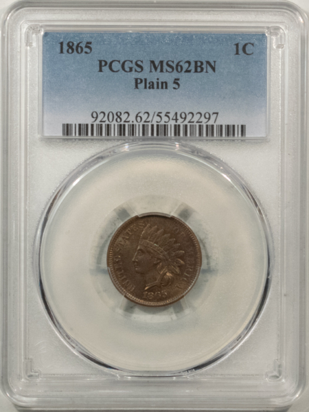 Indian 1865 INDIAN CENT, PLAIN 5 – PCGS MS-62 BN, PRETTY!