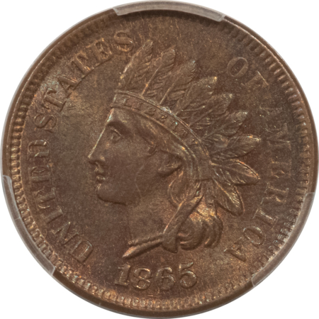 Indian 1865 INDIAN CENT, PLAIN 5 – PCGS MS-62 BN, PRETTY!