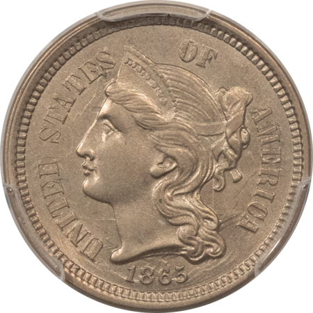 New Certified Coins 1865 THREE CENT NICKEL – PCGS AU-58, PREMIUM QUALITY! LOOKS CHOICE!