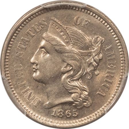 New Certified Coins 1865 THREE CENT NICKEL – PCGS MS-62, LUSTROUS!