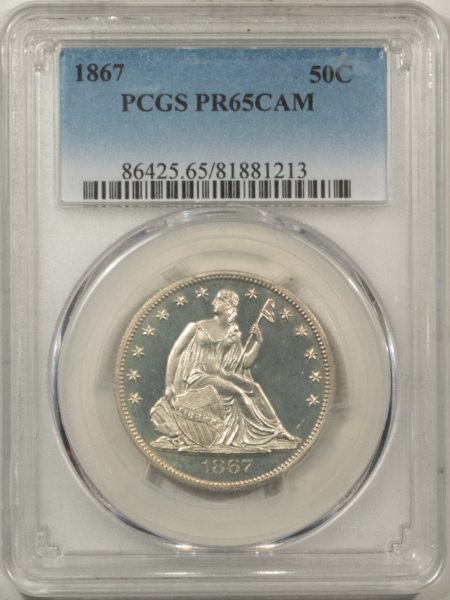 Liberty Seated Halves 1867 PROOF SEATED LIBERTY HALF DOLLAR PCGS PR-65 CAM WHITE CAMEO GEM GREAT LOOK!