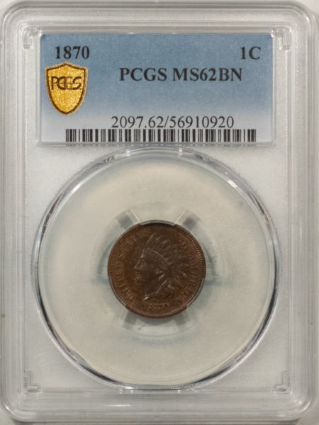 Indian 1870 INDIAN CENT – PCGS MS-62 BN, TRACES OF RED & PQ!