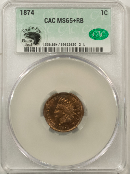 CAC Approved Coins 1874 INDIAN CENT, EAGLE EYE – CACG MS-65+ RB, PREMIUM QUALITY & CAC APPROVED!