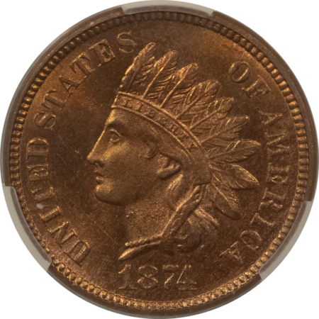 CAC Approved Coins 1874 INDIAN CENT, EAGLE EYE – CACG MS-65+ RB, PREMIUM QUALITY & CAC APPROVED!