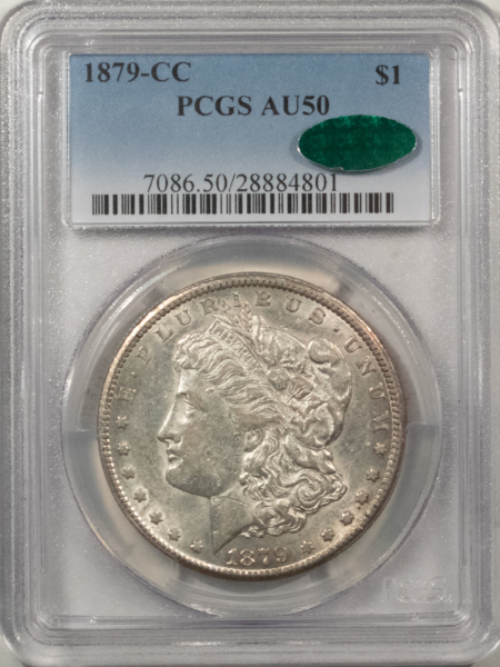 CAC Approved Coins 1879-CC $1 MORGAN DOLLAR – PCGS AU-50, FRESH WHITE, TOUGH! CAC! CARSON CITY!
