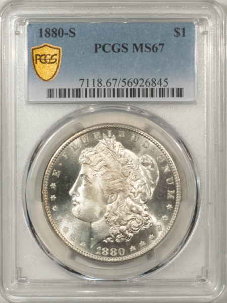 Morgan Dollars 1880-S $1 MORGAN DOLLAR – PCGS MS-67, SUPER FLASHY! PREMIUM QUALITY HEADLIGHT!