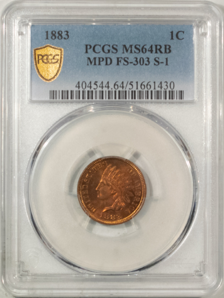 Indian 1883 INDIAN CENT, MPD FS-303 S-1 – PCGS MS-64 RB, LOOKS 65, ALMOST RED & PQ!