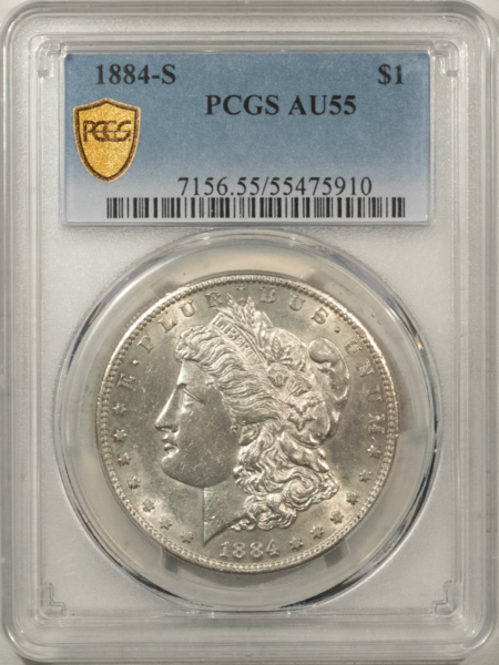 Morgan Dollars 1884-S $1 MORGAN DOLLAR – PCGS AU-55, FLASHY WHITE & NICE!