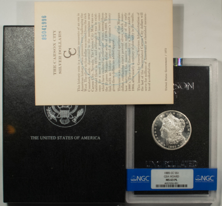 Morgan Dollars 1885-CC $1 MORGAN DOLLAR GSA – NGC MS-63 PL, PREMIUM QUALITY BLAZER! BOX/CARD
