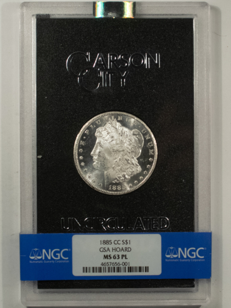 Morgan Dollars 1885-CC $1 MORGAN DOLLAR GSA – NGC MS-63 PL, PREMIUM QUALITY BLAZER! BOX/CARD